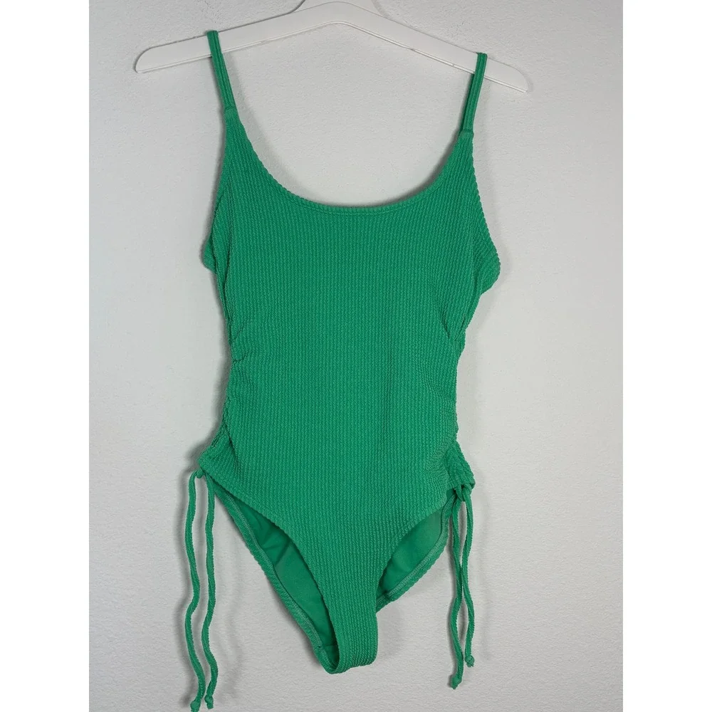 Hurley Womens Green Textured Smocked One Piece Swimsuit Side Tie Size L